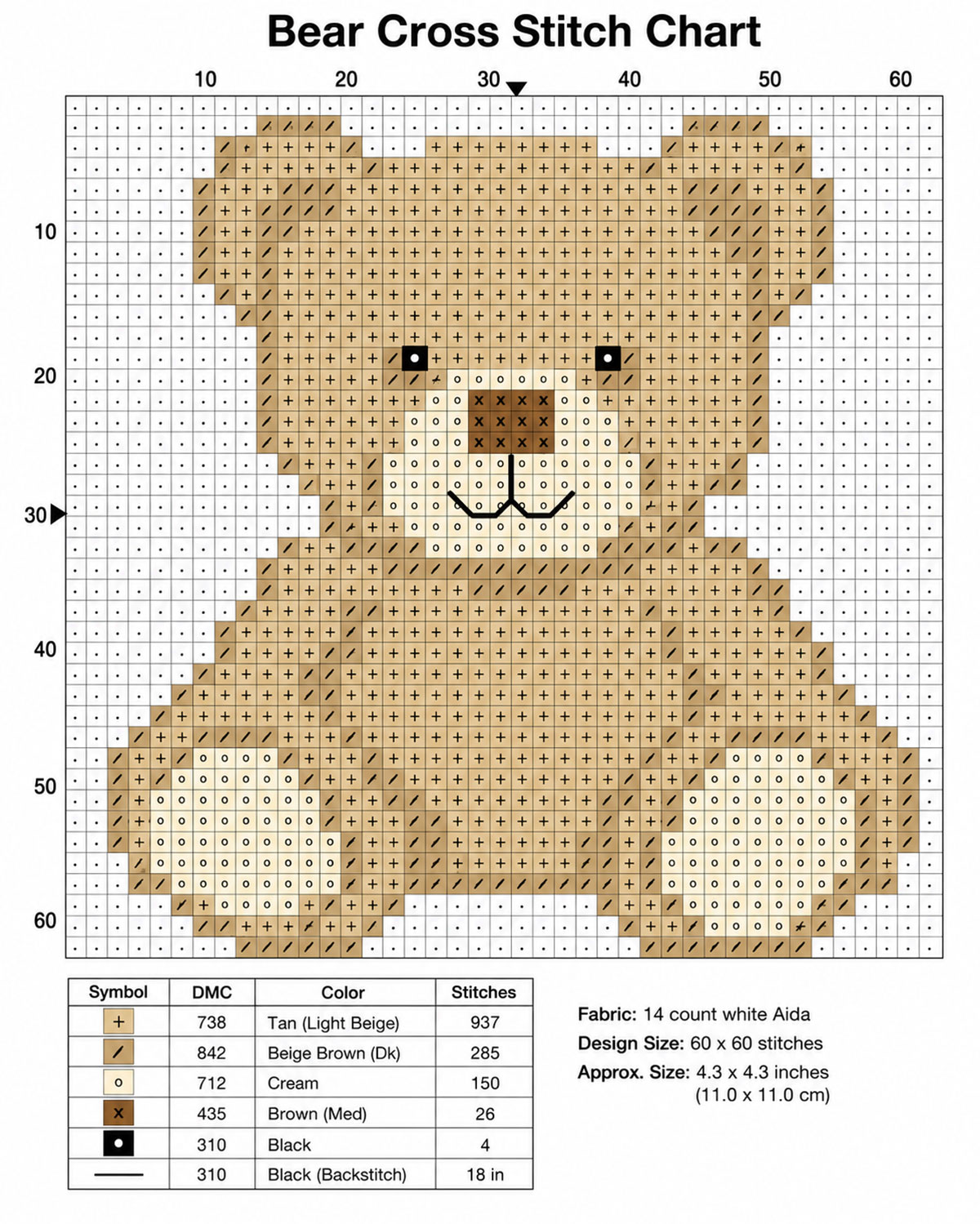 Bear cross stitch chart with seated tan teddy bear, darker brown shaping, cream muzzle and paws, black eyes, brown nose and stitched smile