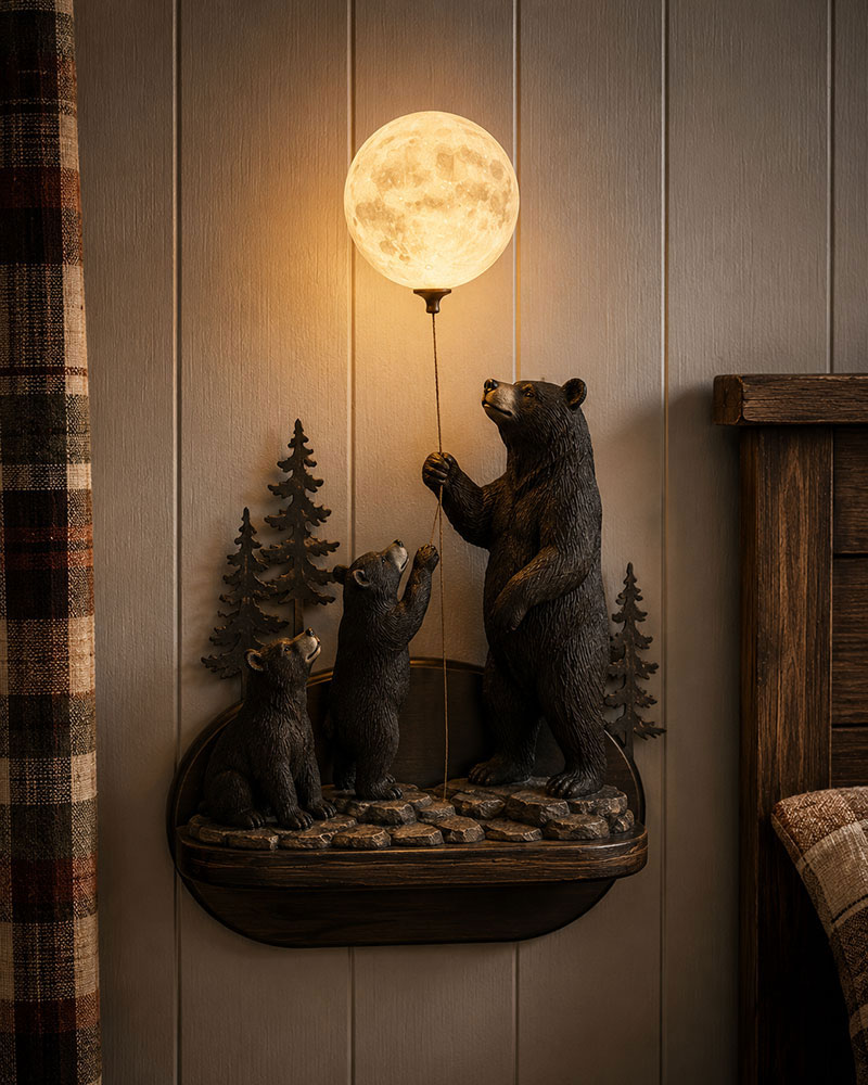 Bear themed nursery wall light inside a rustic woodland baby room