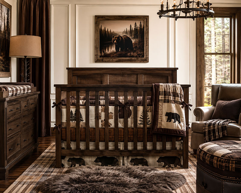 Rustic teddy bear nursery bedding with plaid patchwork quilt and woodland decor