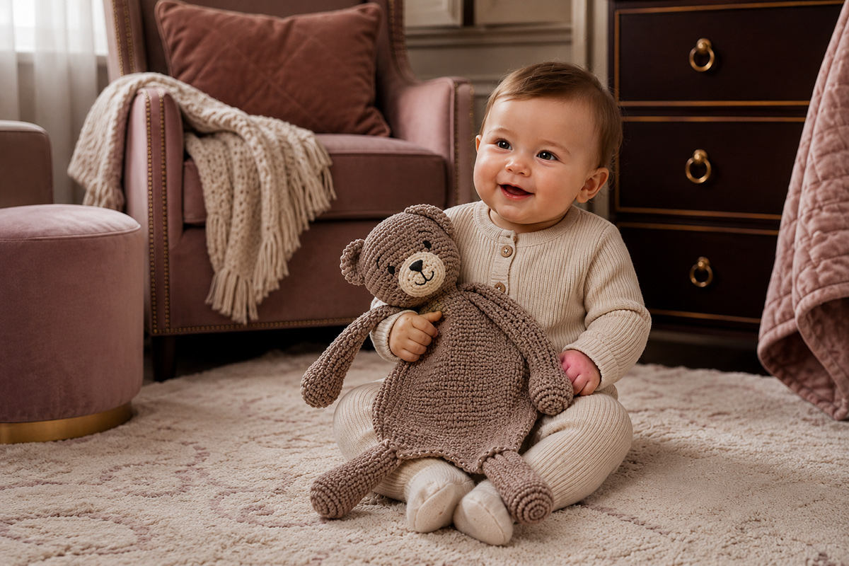 Crochet teddy bear snuggler with a soft flat body and embroidered face