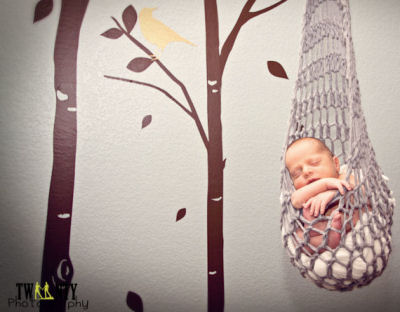 Sweet baby boy photo shoot featuring an infant stork sack prop with a woodland theme tree mural background