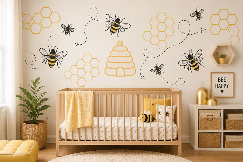 Bee wall stencil painted above a nursery dresser