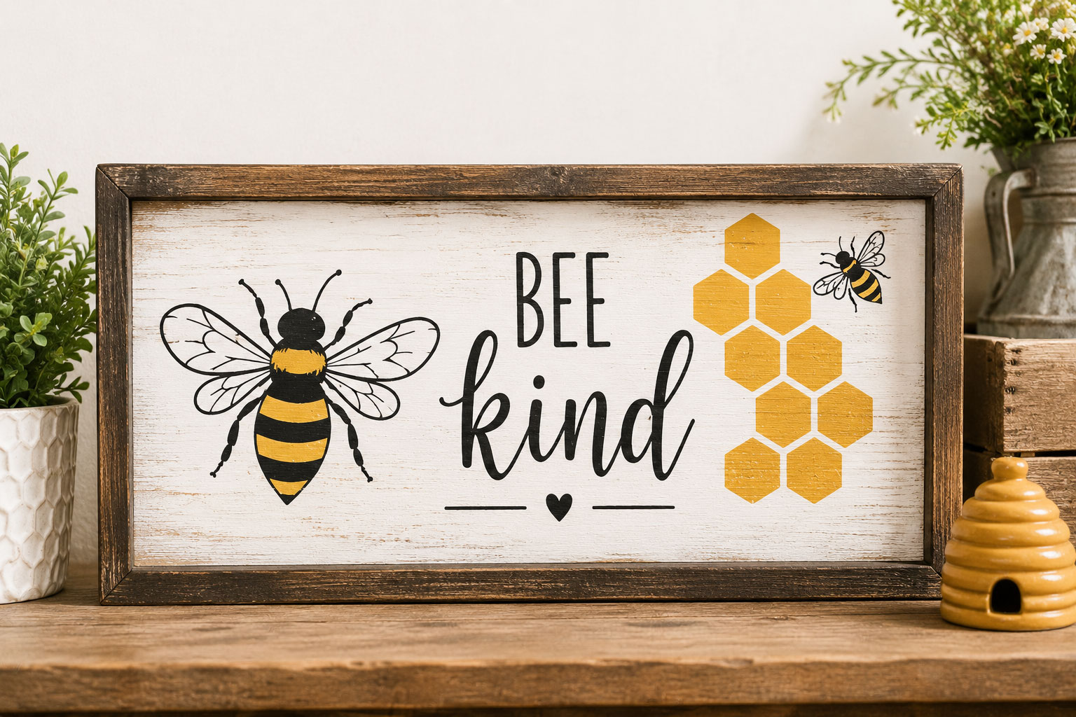Painted wood nursery sign made with a bee stencil