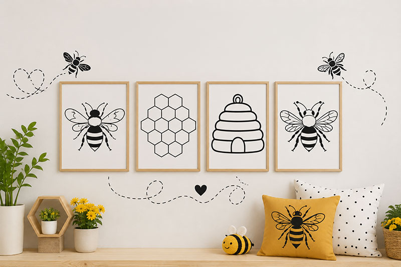 Bee stencil gallery wall in a nursery with painted bee accents