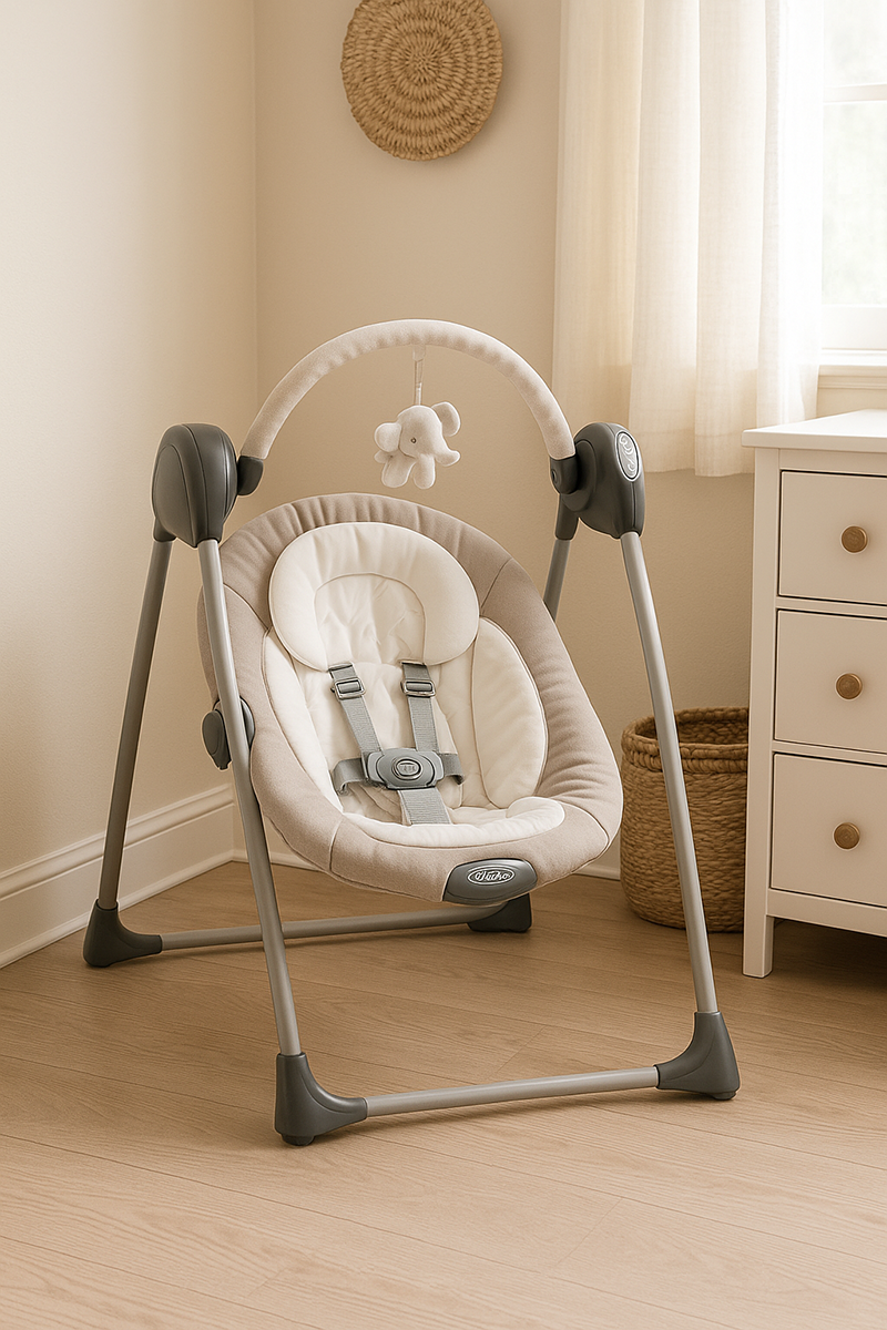 Compact baby swing in a cozy small nursery corner with soft neutral decor and natural light