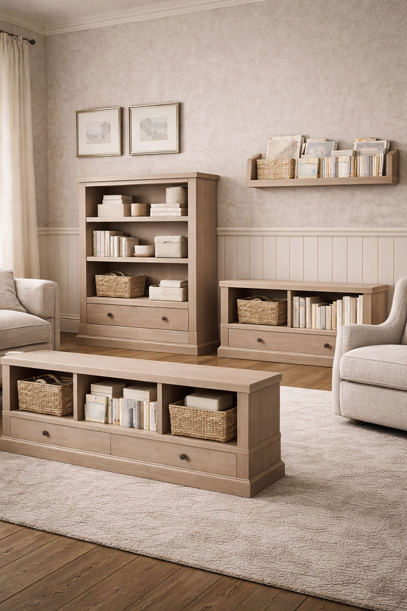 Nursery showing multiple safe bookshelf types including a medium bookshelf, low bookshelf, and forward-facing book ledge