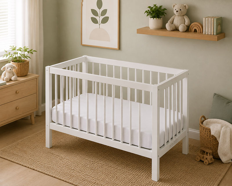 Firm crib mattress fitted snugly inside a modern baby crib showing proper support and safe sleep setup