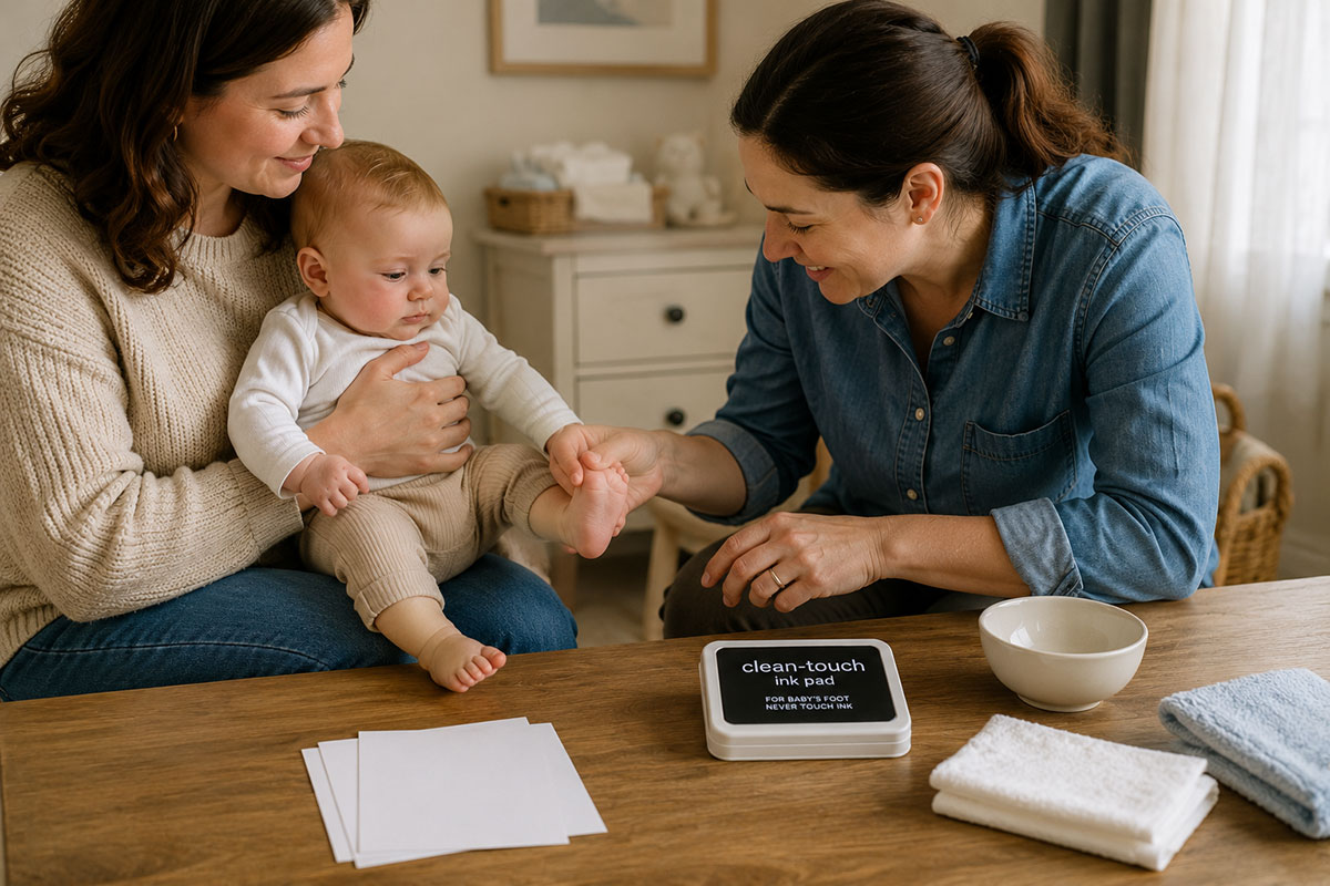 Adult holding a fully clothed baby securely while another adult prepares the baby's bare foot above paper for a footprint keepsake