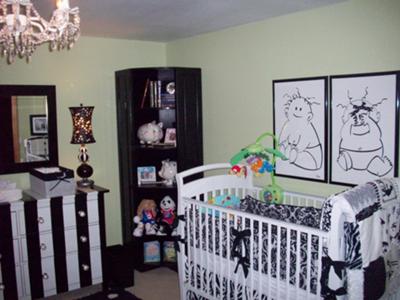 Black and white polka dots harlequin and stripes boy girl twin nursery decor