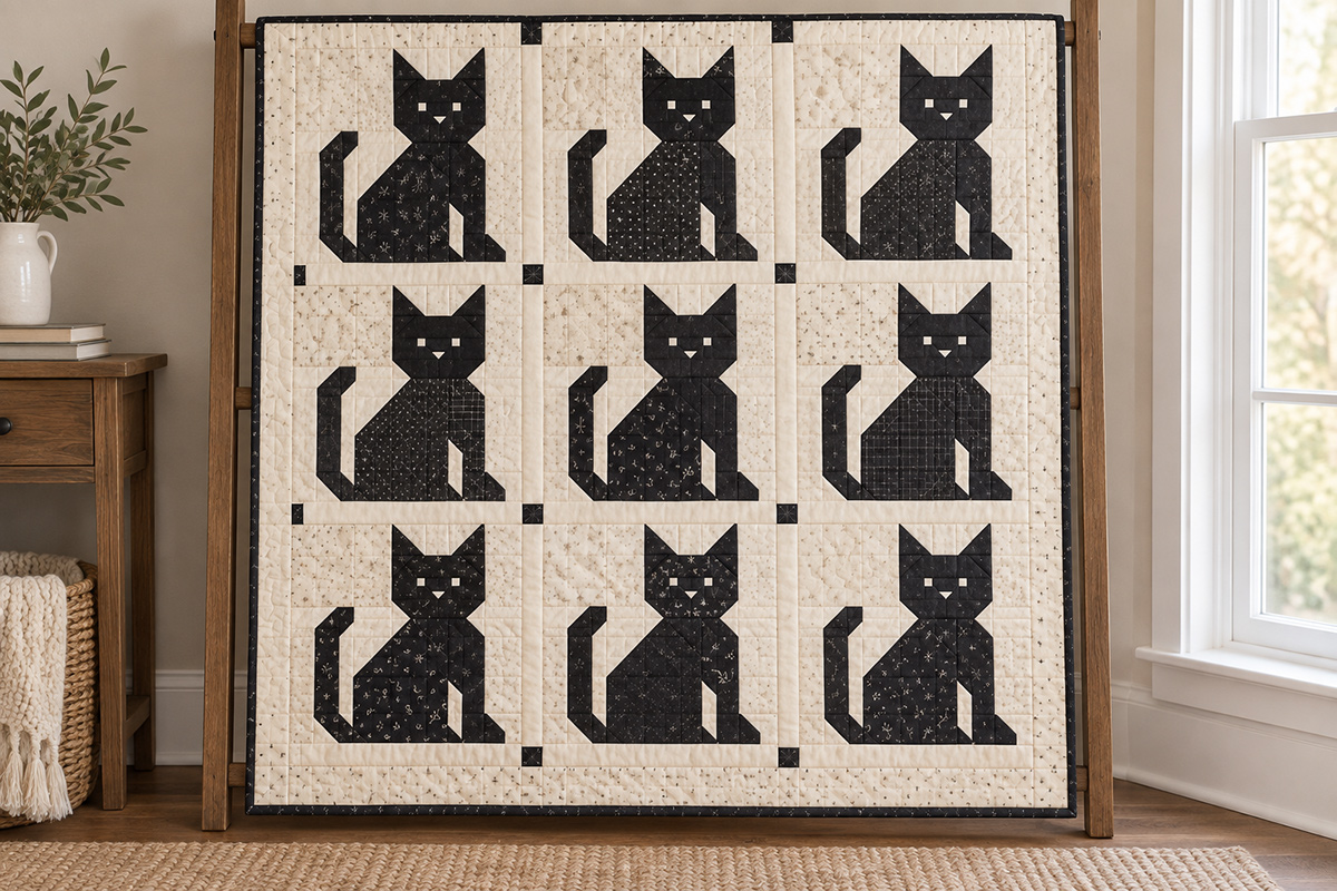 Finished cat quilt with nine pieced black cat blocks arranged three by three on cream backgrounds