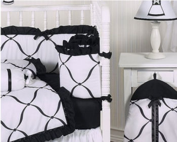 Elegant black and white baby bedding set for a baby girl with a ruffled pettiskirt crib skirt