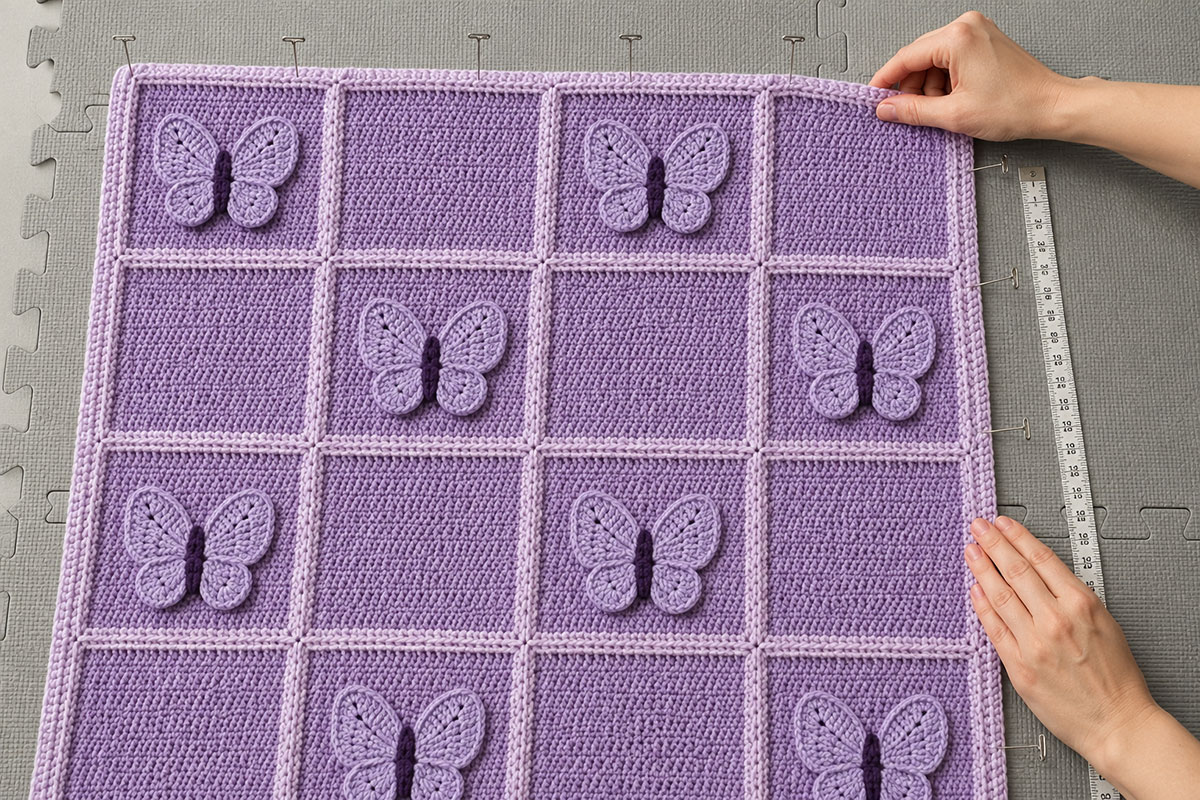 Adult hands straightening a lavender butterfly crochet baby blanket on blocking mats with perimeter pins a measuring tape and raised butterfly wings left unpinned