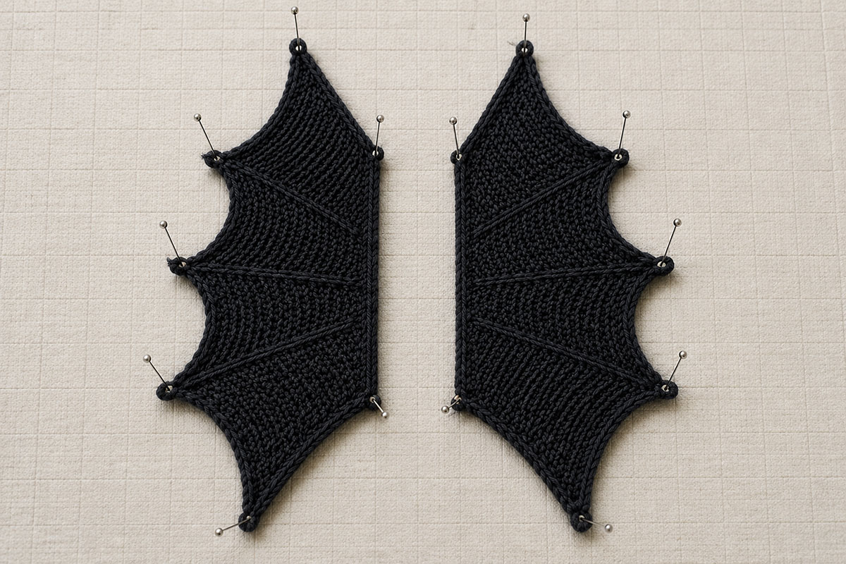 Two crochet bat wings pinned flat for blocking with the outer tips and lower wing points carefully shaped