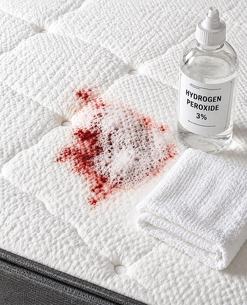 Removing blood stain from mattress using hydrogen peroxide reaction