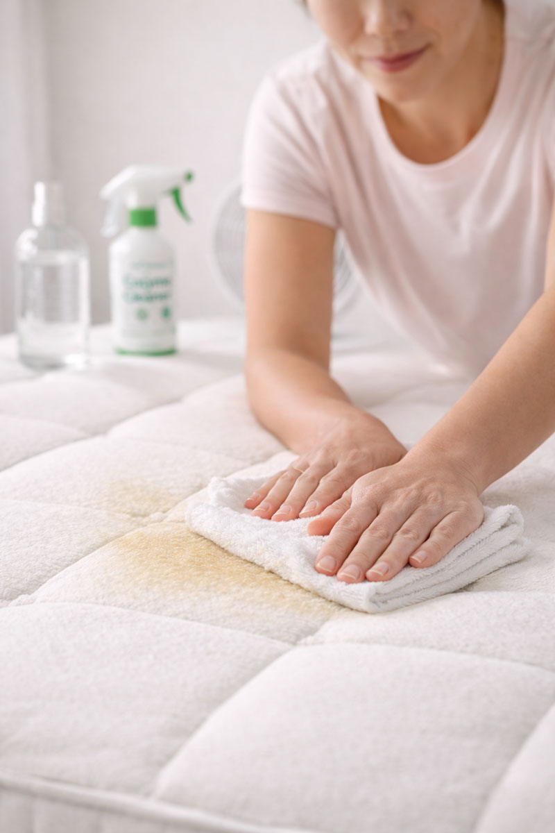 pressing towel into mattress to absorb urine