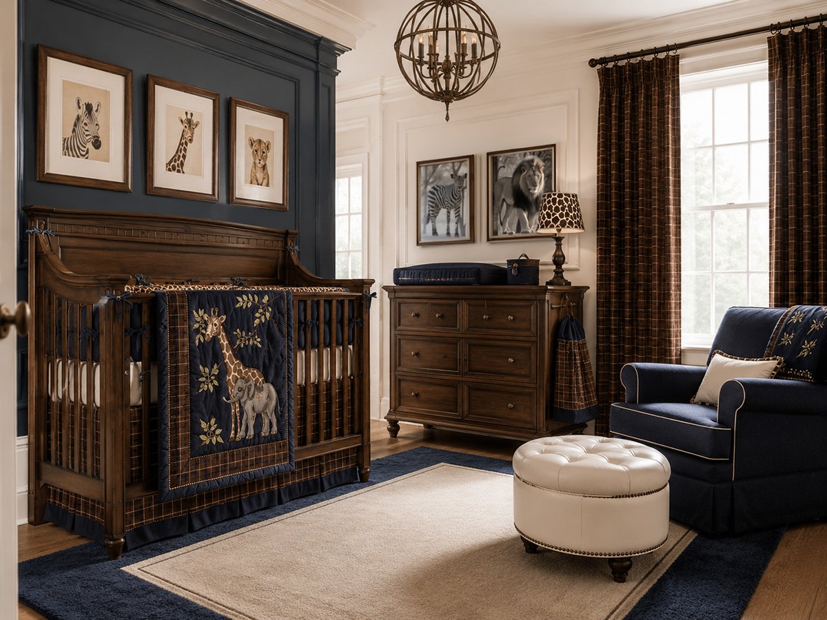 Blue and brown baby boy nursery with handmade crib bedding and jungle animal prints