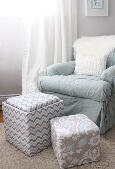 DIY fabric covered storage ottoman stool upholstery project for a baby nursery room