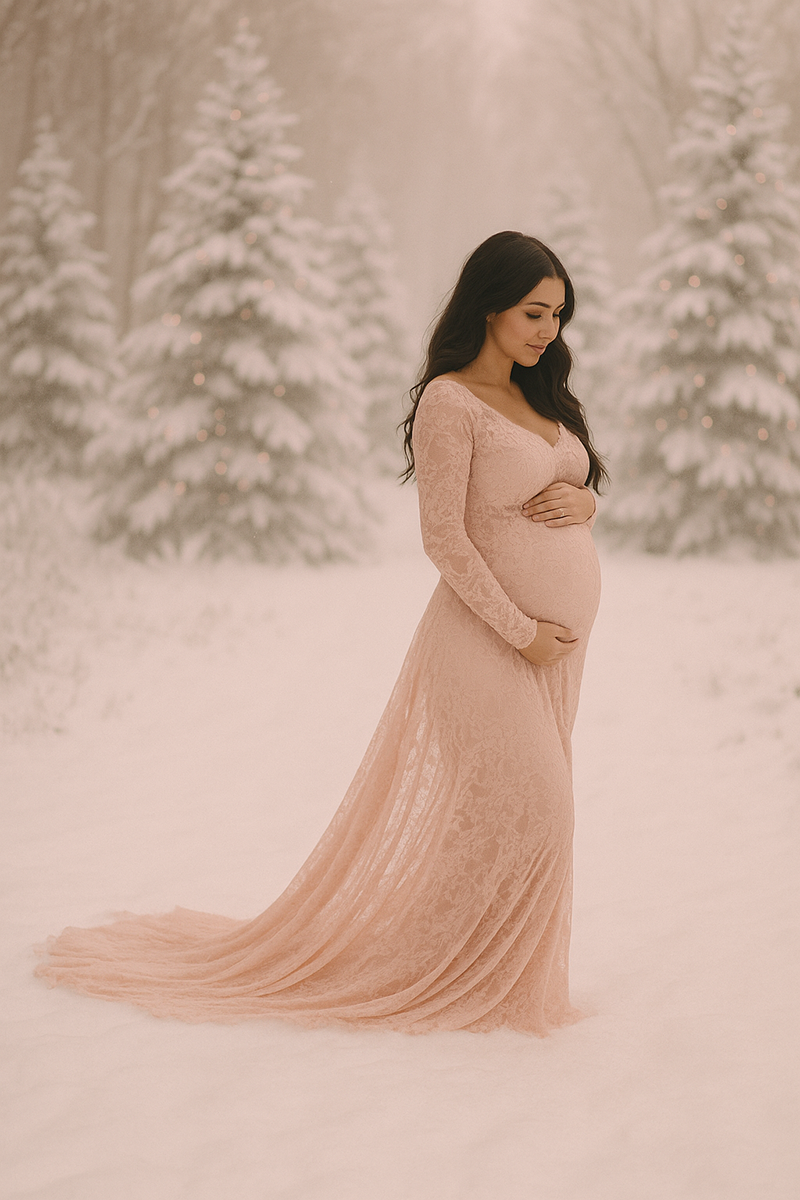 Pregnant woman in a blush pink lace maternity gown standing gracefully in a snowy forest with softly glowing pink lights