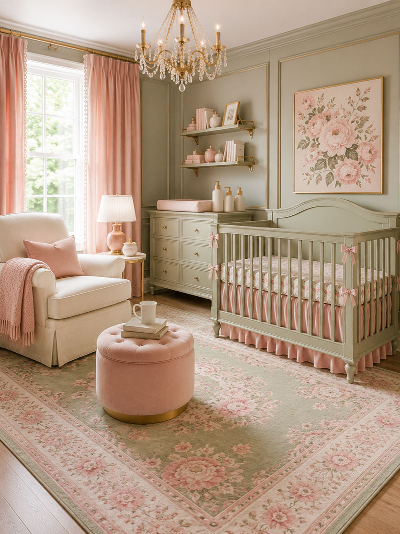 Pink and green nursery featuring a vintage style area rug beneath a white crib