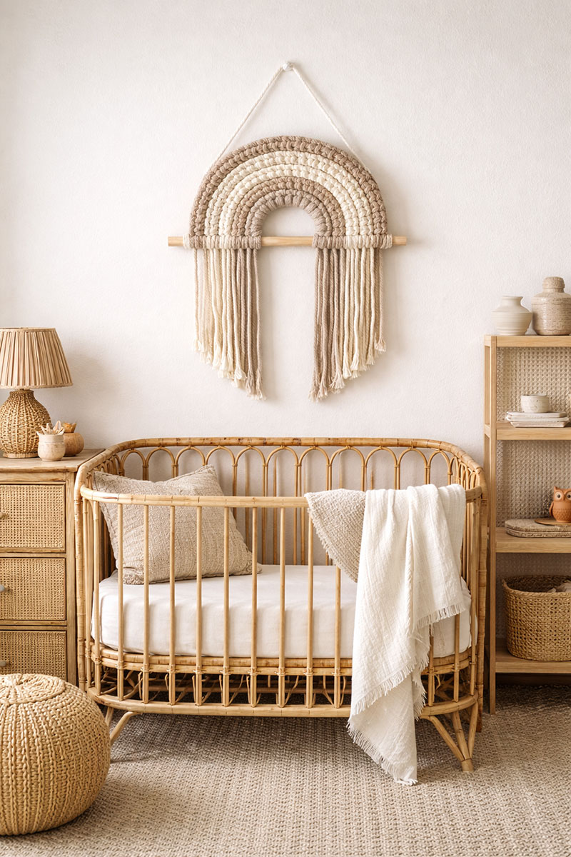 Boho macrame wall hanging pattern above a crib in a nursery