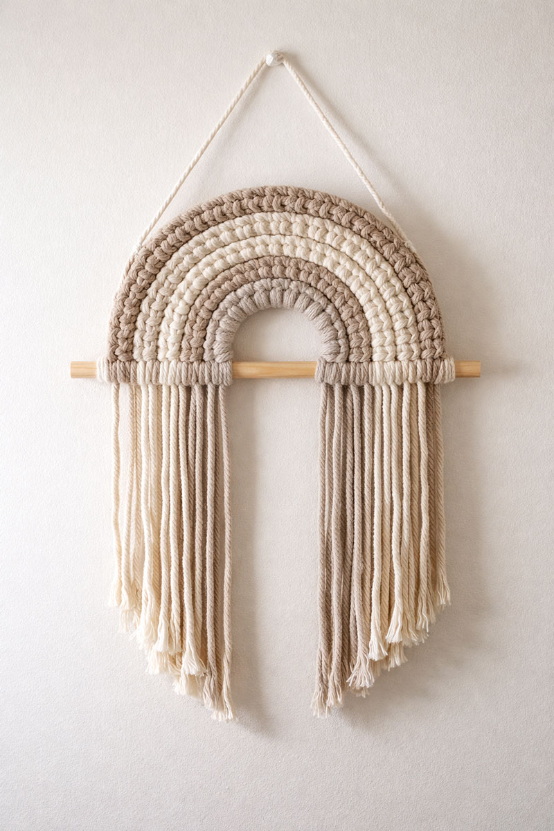 Boho macrame wall hanging pattern in soft neutral tones styled in a warm nursery