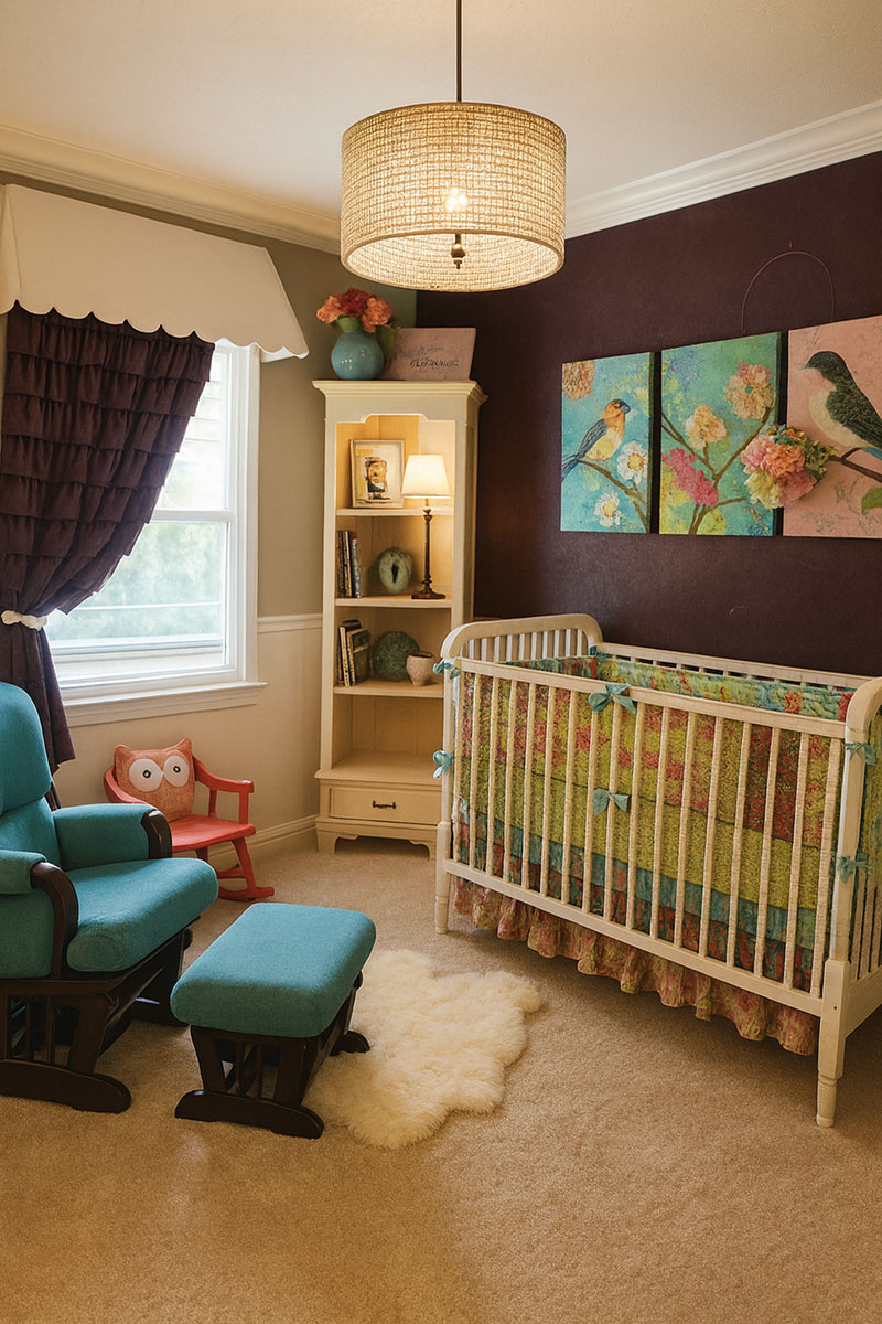 Bold bird themed baby nursery with colorful artwork and bright handcrafted accents