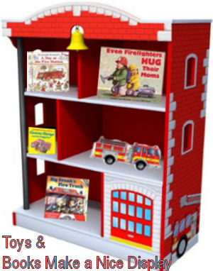 Firetruck nursery bookshelf ideas Toys and books decorating a fireman nursery bookcase