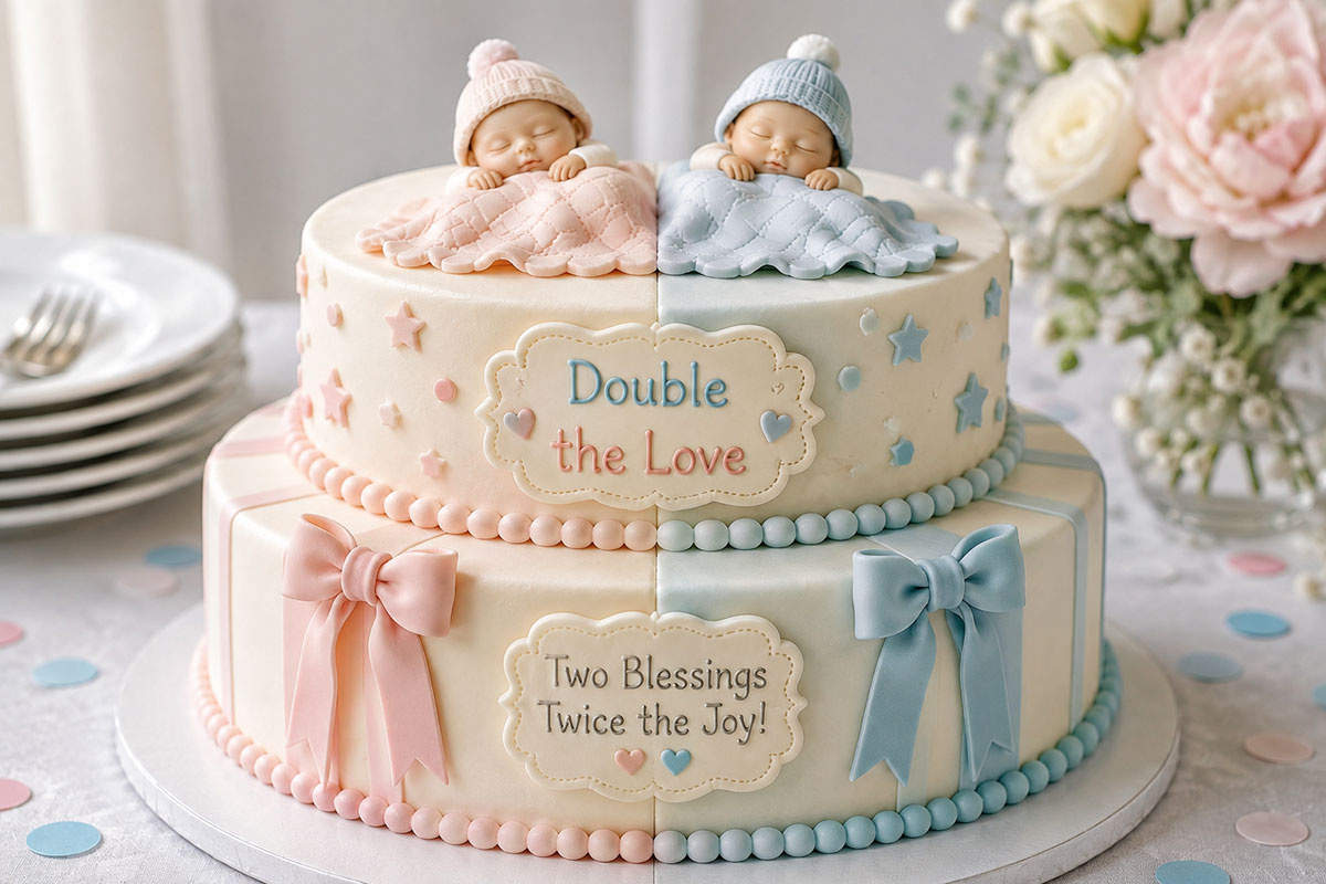 Boy and girl twin baby shower cake with coordinated colors and matching paired decorations