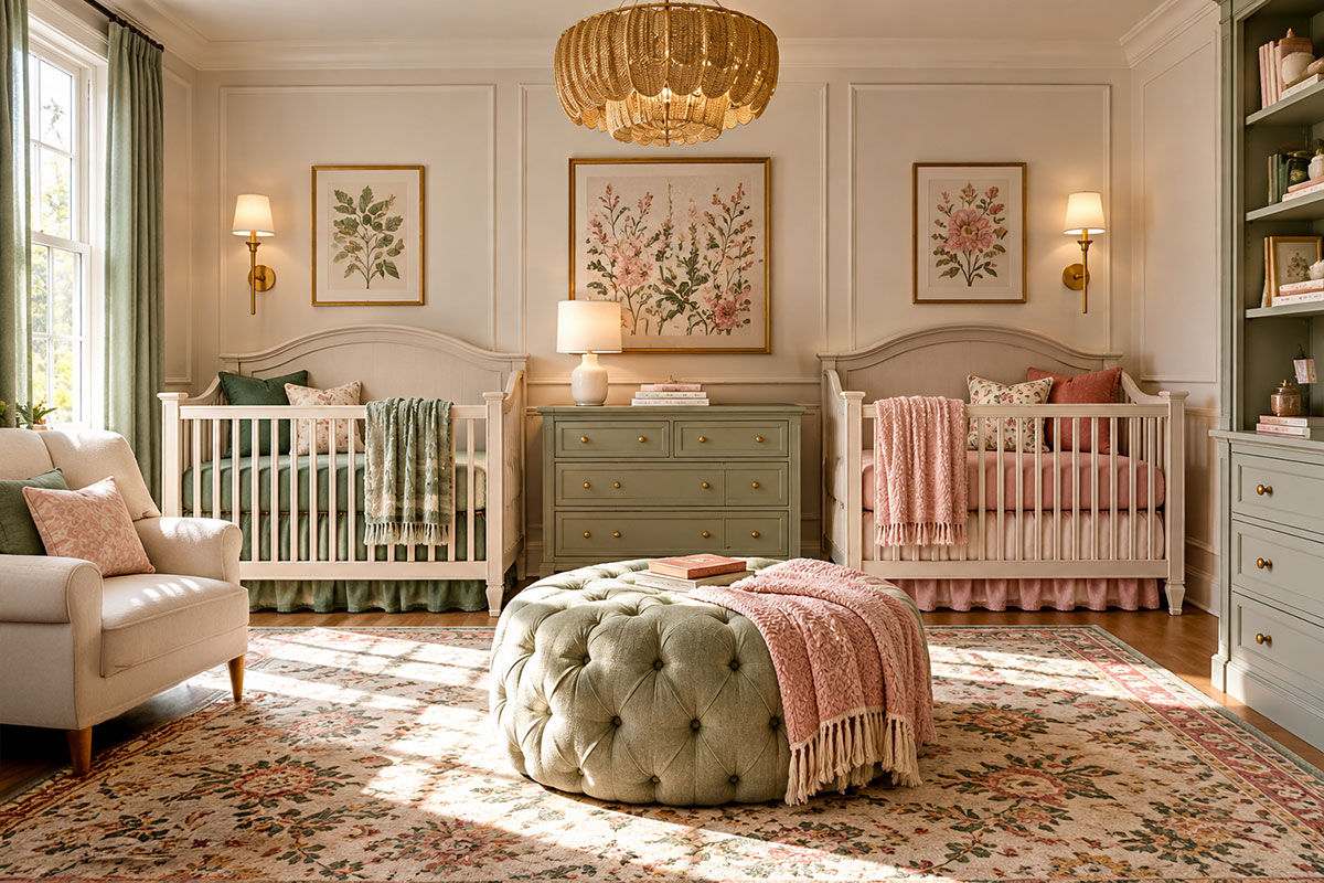Colorful boy and girl twin nursery with coordinated green rose plum and crisp white decor around two cribs