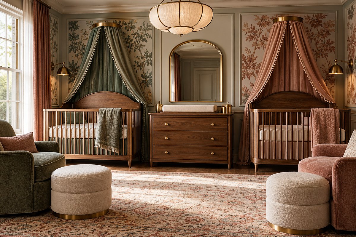 Boy and girl twin nursery ideas with two coordinated cribs shared color palette and personalized decor for each baby