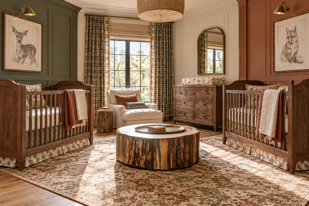 Rustic woodland boy and girl twin nursery with two wood cribs forest animal artwork sage green and warm rust accents