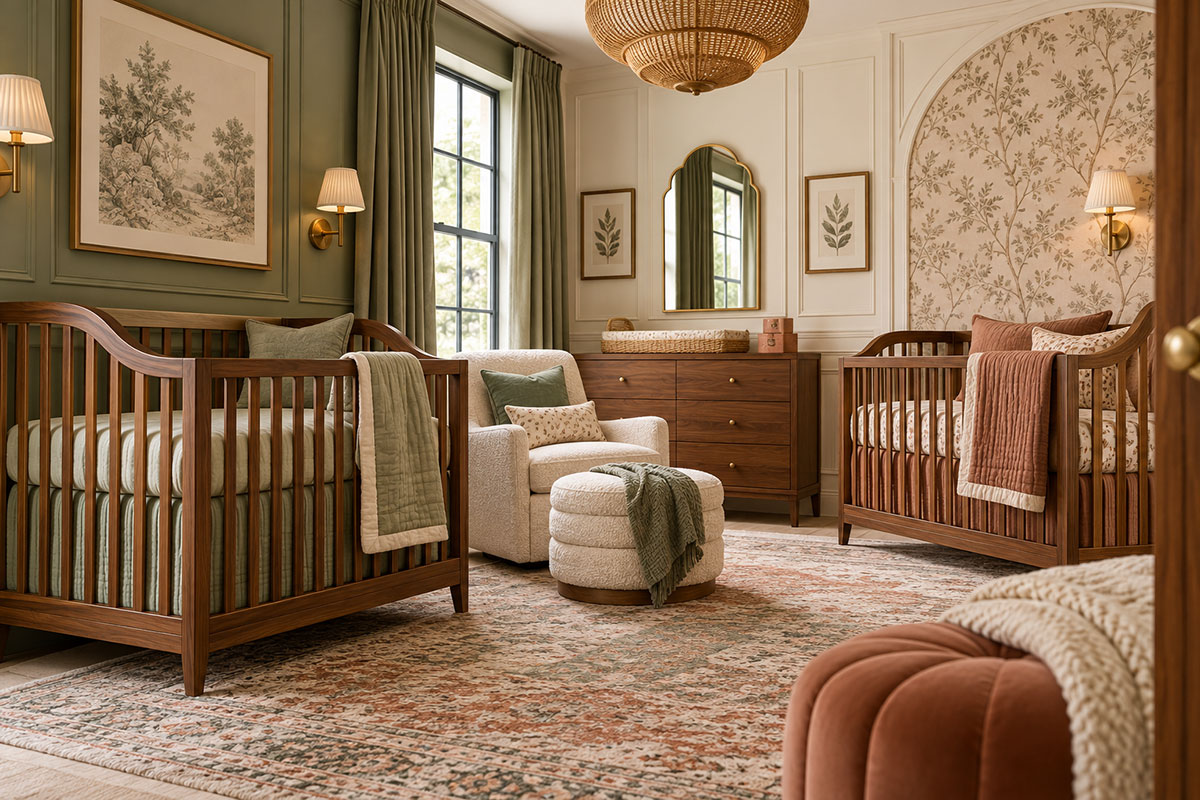 Boy and girl twin nursery with two cribs coordinated through a shared colorful palette and different accents for each baby