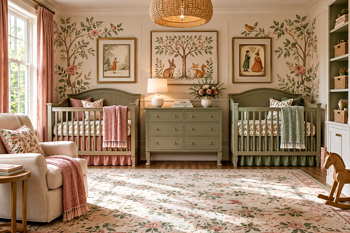 Boy and girl twin nursery theme with two coordinated crib areas colorful artwork and one shared decorating style