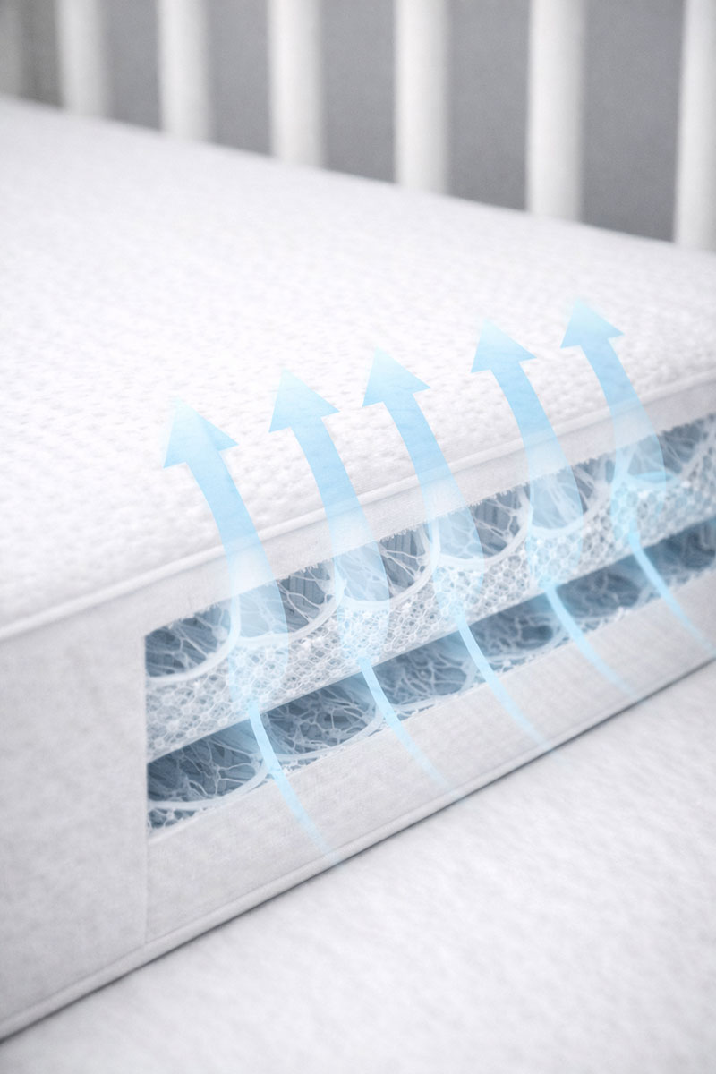 Cross section illustration showing airflow channels inside a breathable crib mattress