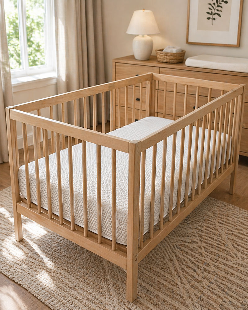 breathable crib mattress set inside crib showing tight fit and clean layout