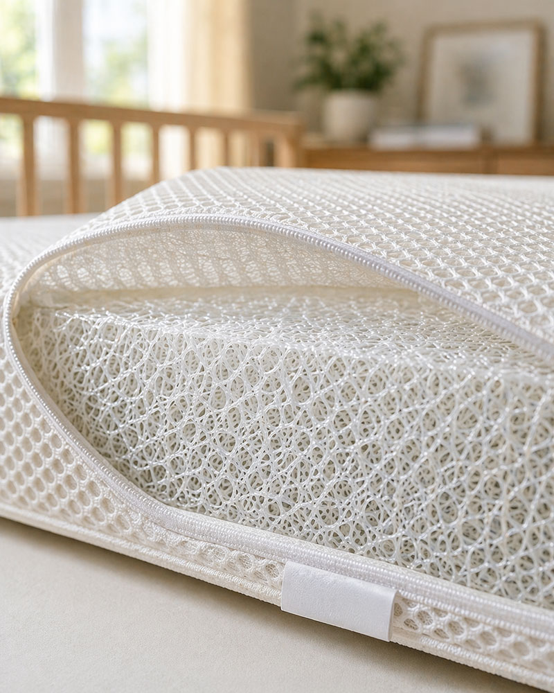close view of breathable crib mattress core structure showing open airflow design