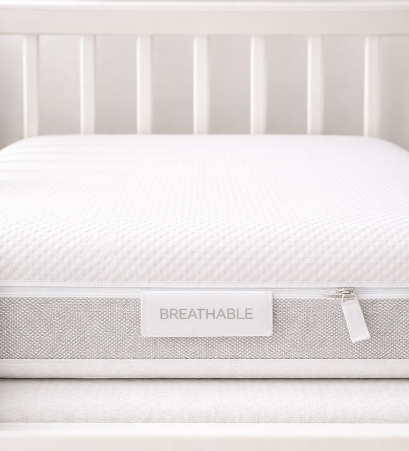 Close-up view of breathable crib mattress showing mesh side panel and snug crib fit