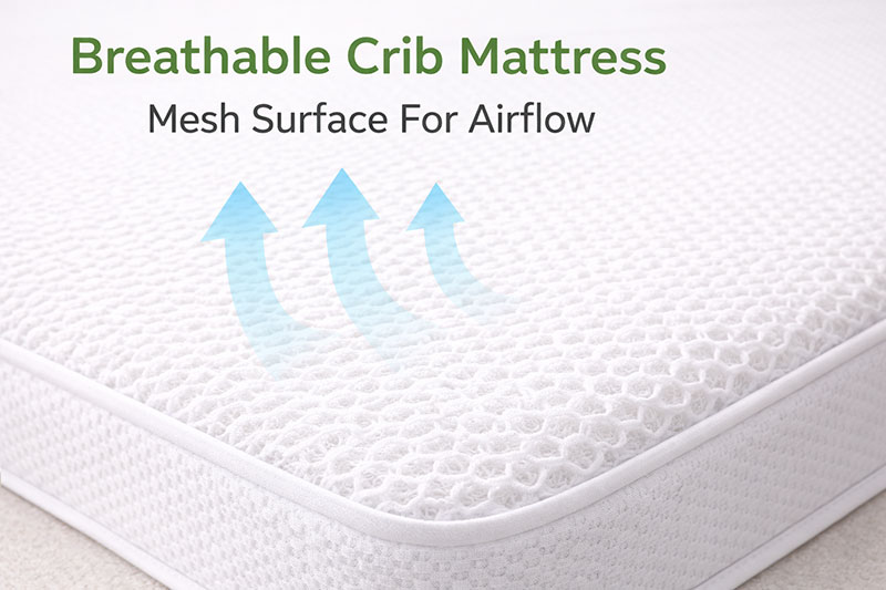 Close up of a breathable crib mattress surface with mesh pattern designed for airflow