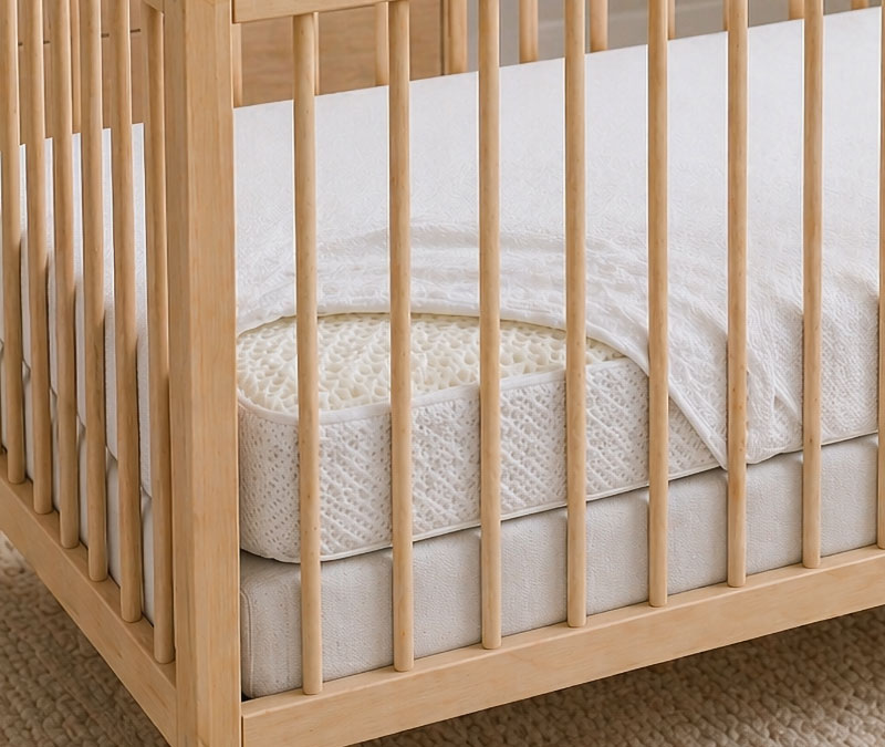 Close view of a breathable crib mattress protector fitted smoothly over a crib mattress