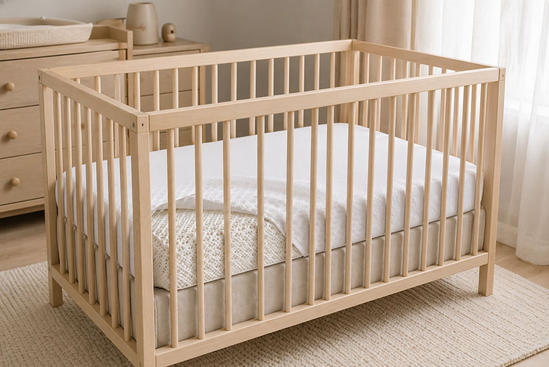Breathable crib mattress protector layered on a crib mattress in a clean neutral nursery