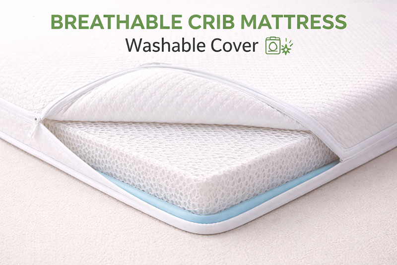 Breathable crib mattress with removable washable cover shown folded back on a firm mattress surface