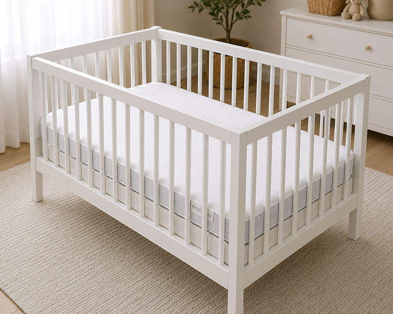 Breathable crib mattress inside a modern crib in a softly styled nursery