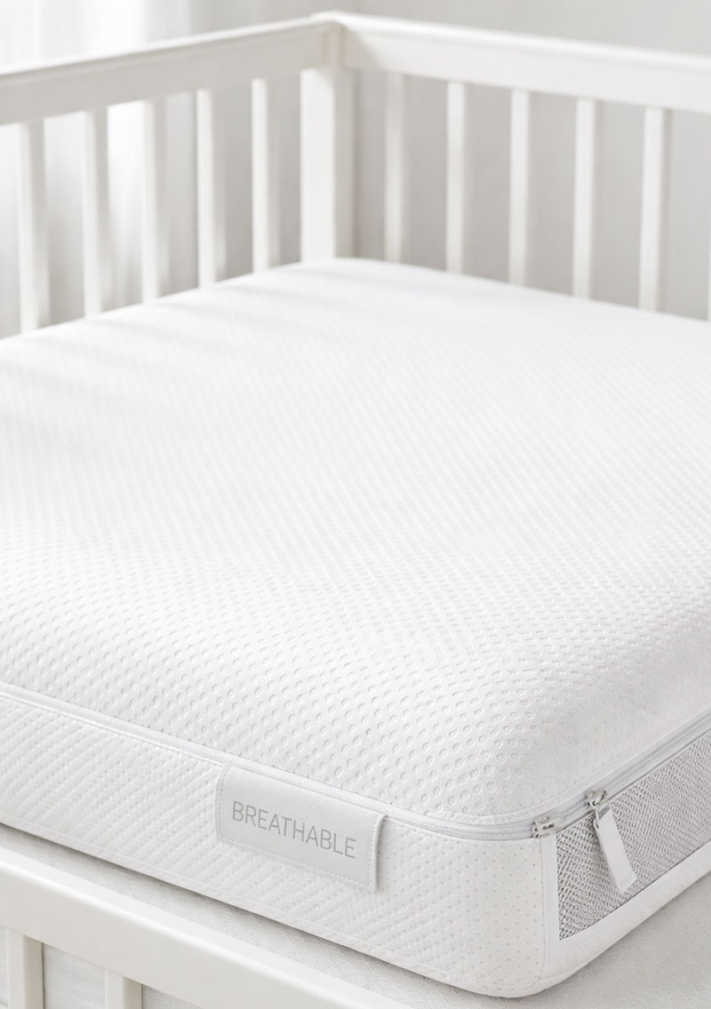 Breathable crib mattress inside a crib showing open structure design