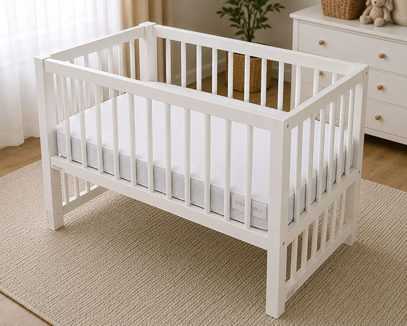 Breathable mini crib mattress in a small modern nursery with a fitted sheet and simple neutral bedding