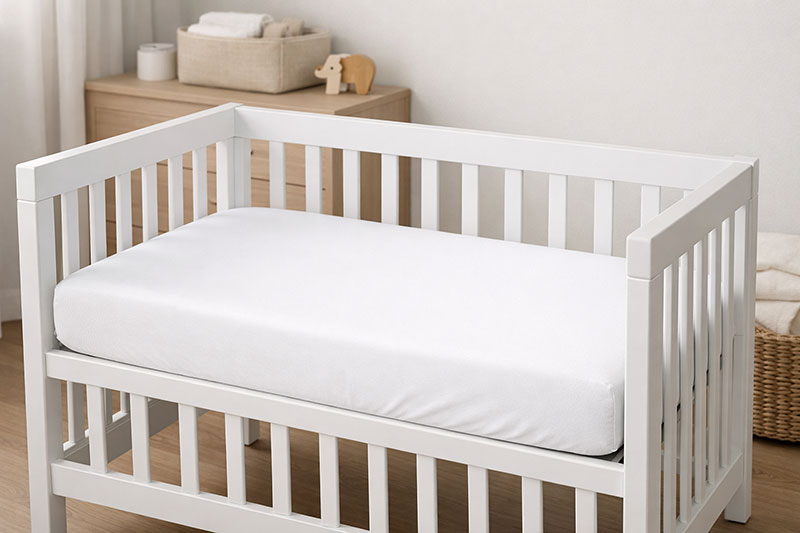 Breathable mini crib mattress in a small modern nursery with a fitted sheet and simple neutral bedding