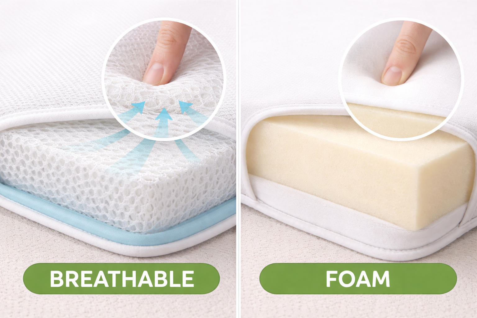 Side by side view of breathable crib mattress surface and traditional foam crib mattress surface for comparison
