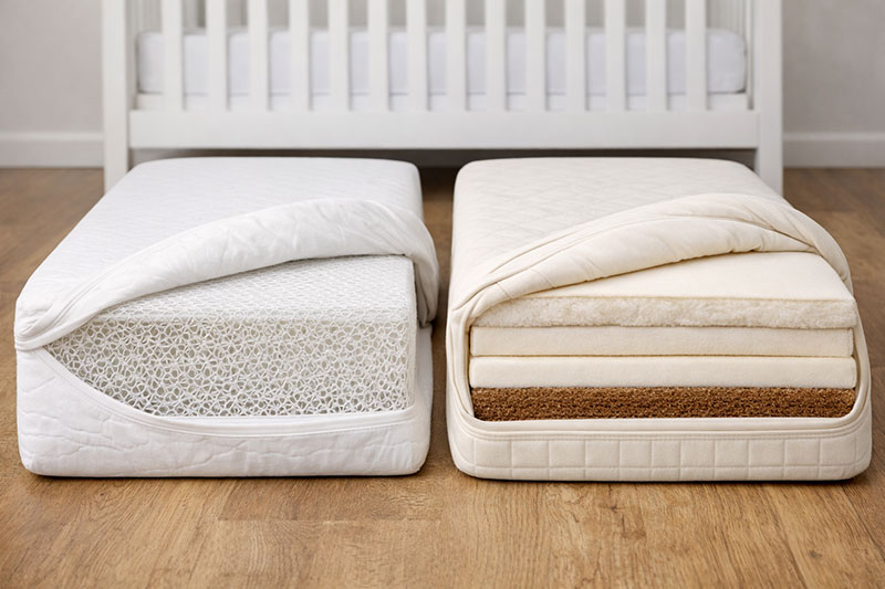 side comparison showing airflow mattress structure versus organic layered crib mattress