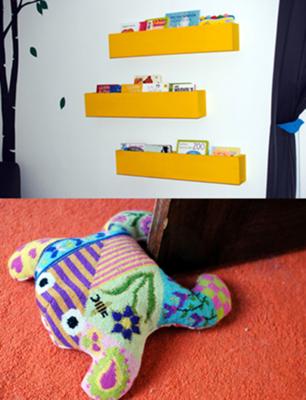 Three modern nursery book shelves wall (pockets) give the baby's nursery a contemporary touch and another splash of bright color! The needlepoint frog is a soft baby-friendly doorstop that is both functional and fun! 
