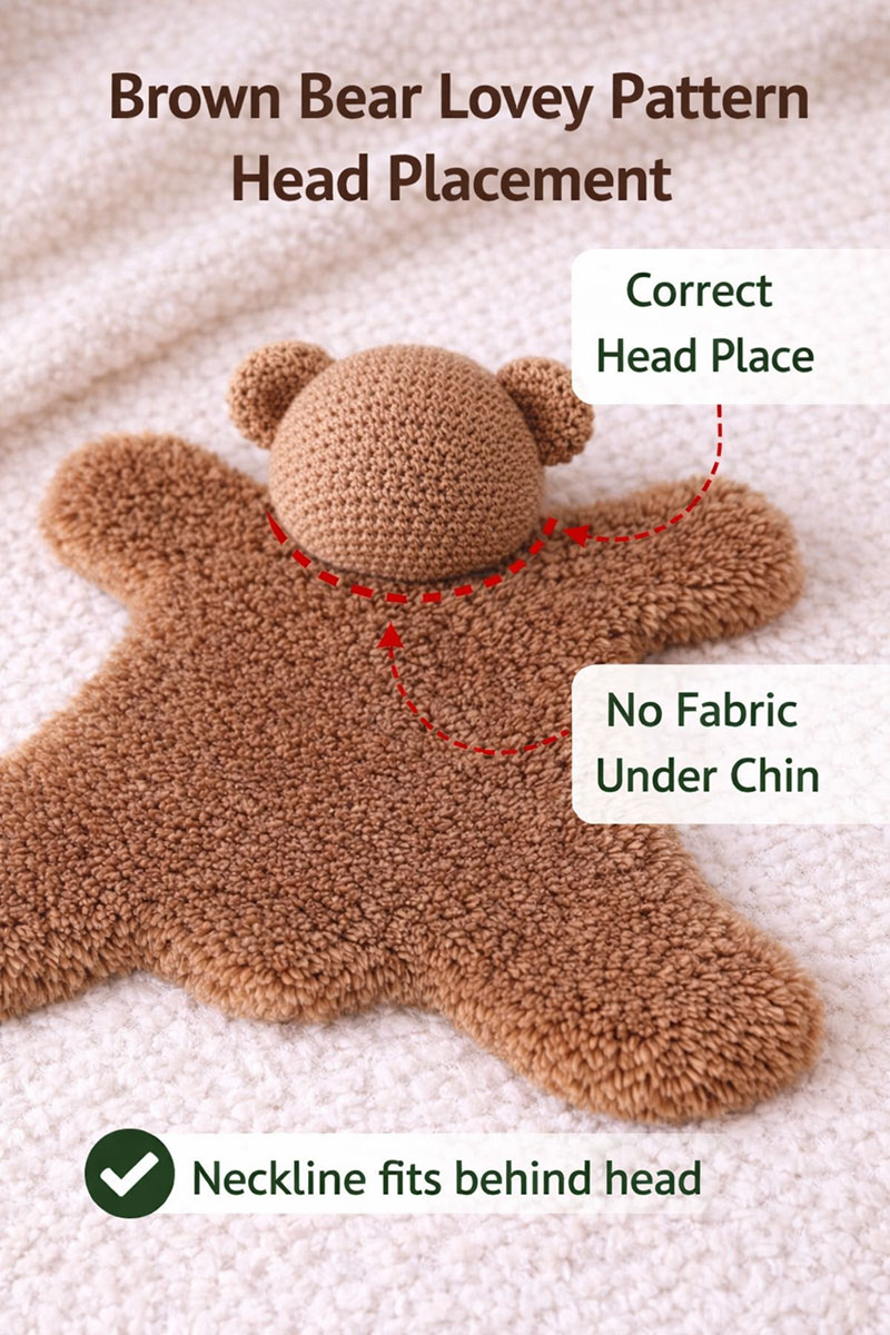 Brown Bear Lovey Pattern head placement showing correct neckline position and no fabric under the chin