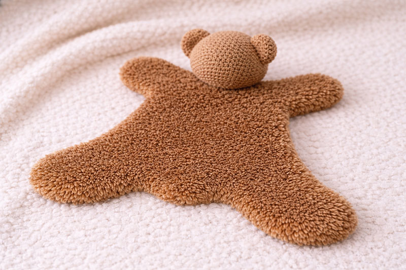 Bearskin rug style baby lovey with flat faux fur body and crocheted bear head viewed from behind, showing correct head placement at neckline
